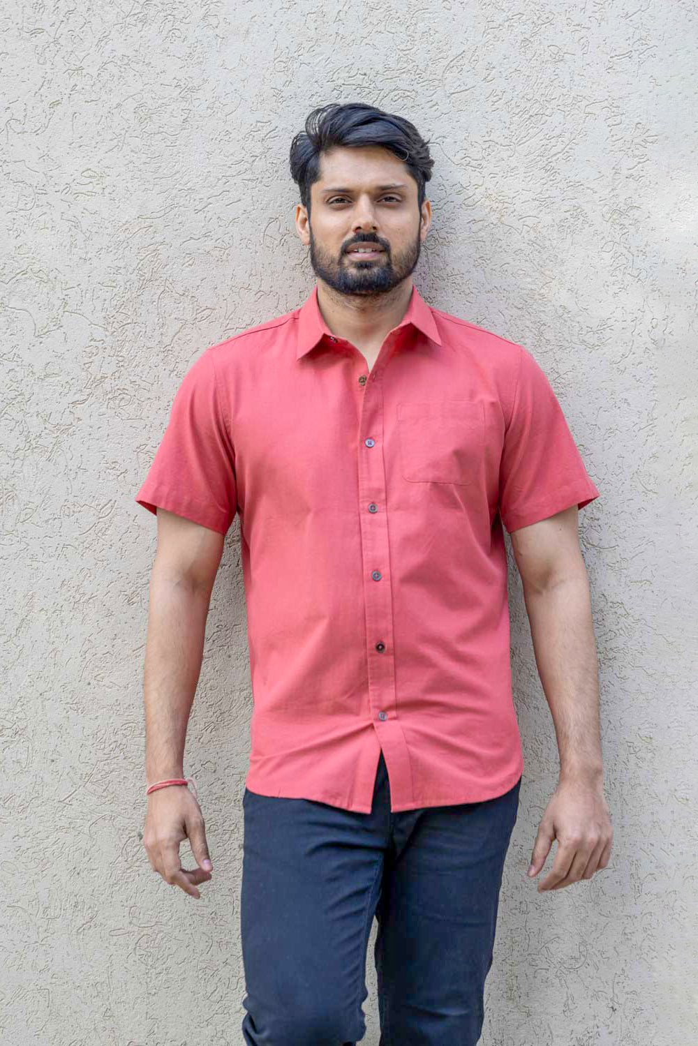 Versatile - Handloom Half Sleeve Shirt - Brick Red