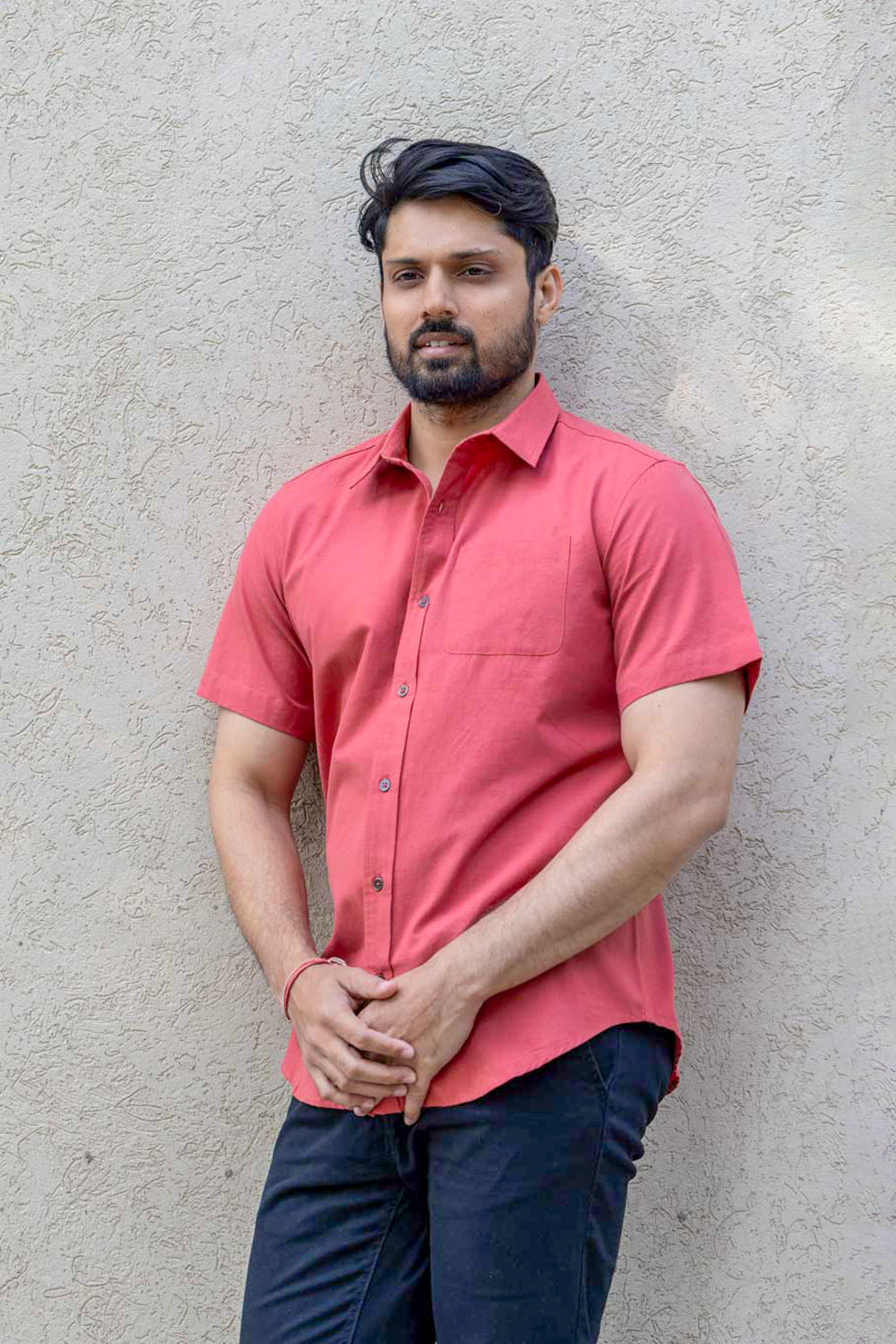 Versatile - Handloom Half Sleeve Shirt - Brick Red